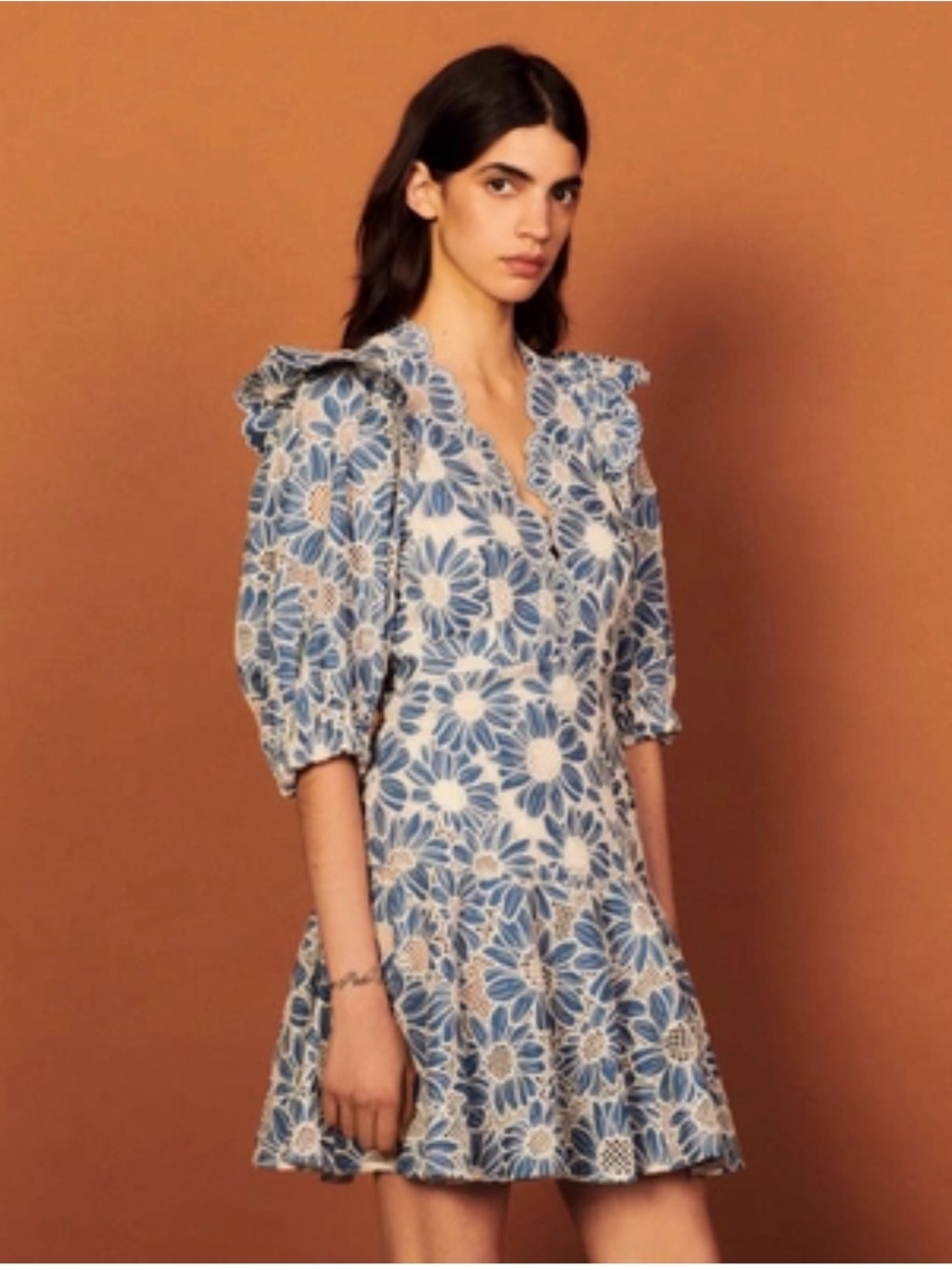 Sandro Paris Sz M (estimated) Blue and White Floral Eyelet Ruffle Mini Dress